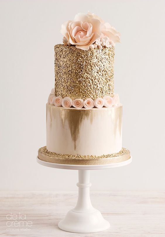 Gold sequin and blush wedding cake