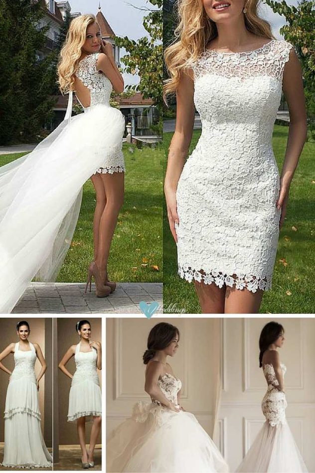 Vestidos de novia desmontables tipo columna, trompeta y sheath con sobrefaldas de tul.