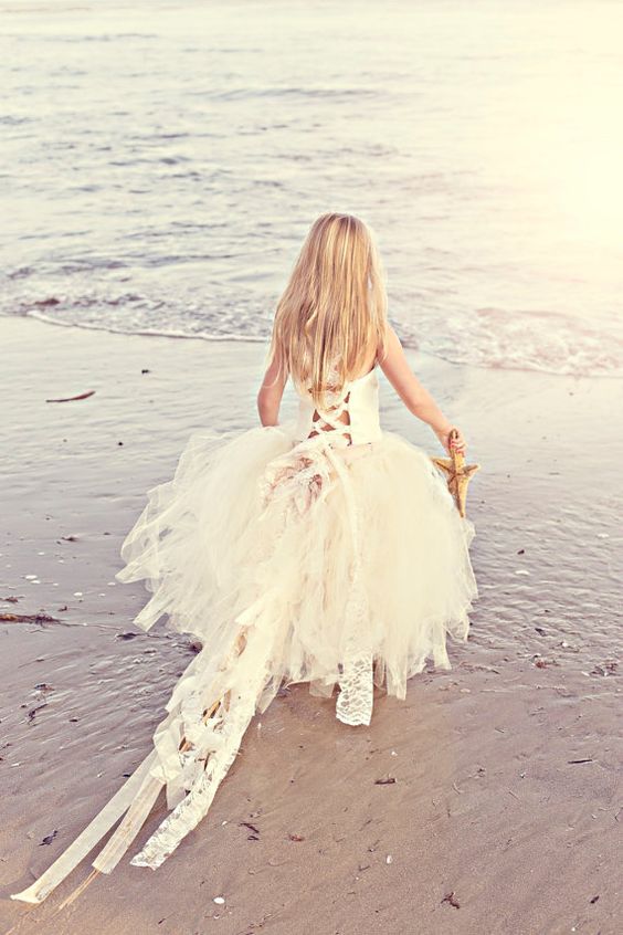 Lace flower girl dress in white with detachable train. So cute!!