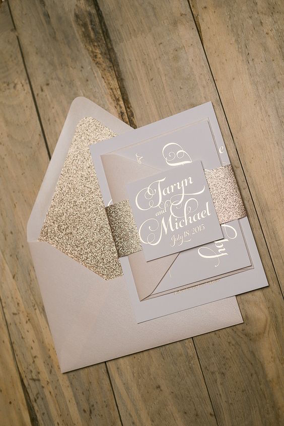 Rose gold foil stamping, blush and glitter wedding invitation set.