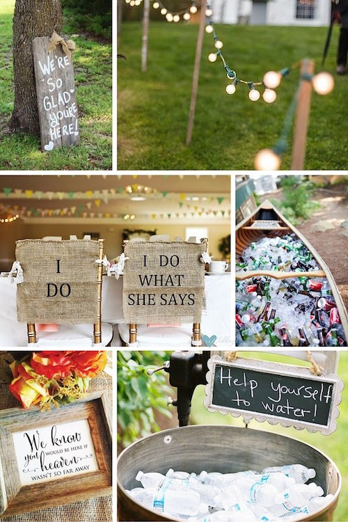 Barn wedding decor ideas. Welcome your guests with this sign | DIY light fixtures for an outdoor evening wedding reception | Bride and Groom burlap chair cover signs | Adding a canoe to your wedding brings some rustic charm | We know you would be here if heaven wasn't so far away wedding memorial sign | Keep guests hydrated on those hot summer weddings