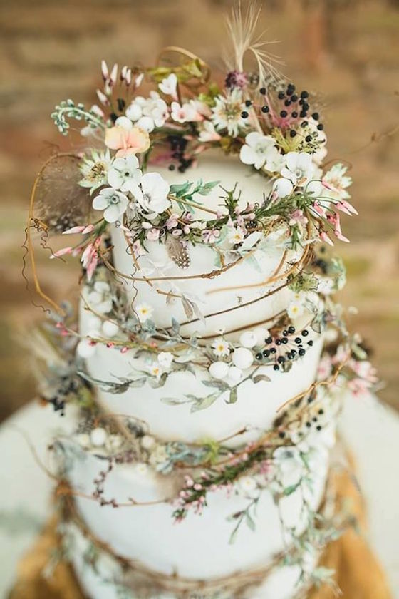 3 tiered wild and whimsical rustic wedding cake.