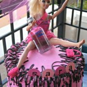 Note her missing shoe! Barbie bachelorette cake with easy chocolate ganache.