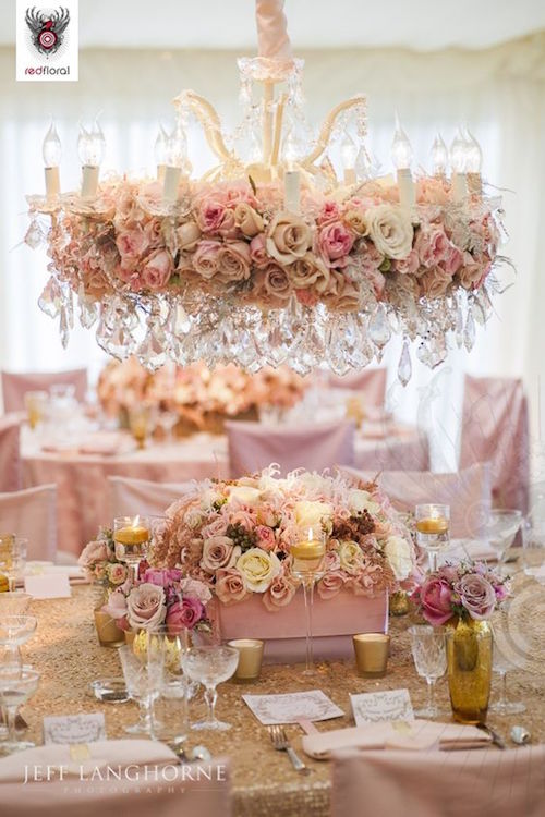 Pure romance on wedding centerpieces and their hanging counterparts.