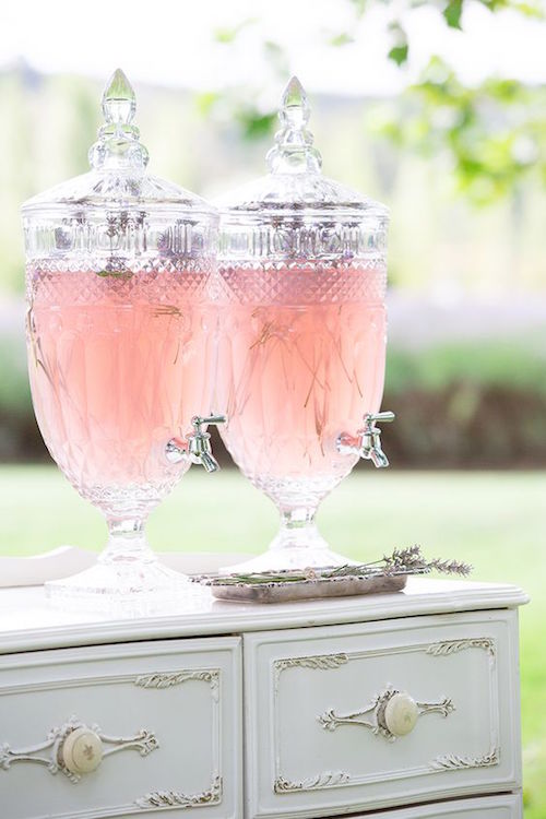 French Provincial wedding inspiration. Cut glass drinks dispensers for the reception. Photo: Agent 86 Photography.