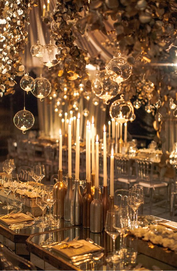 Sophisticated and magical wedding table ideas for a candlelight reception dinner.