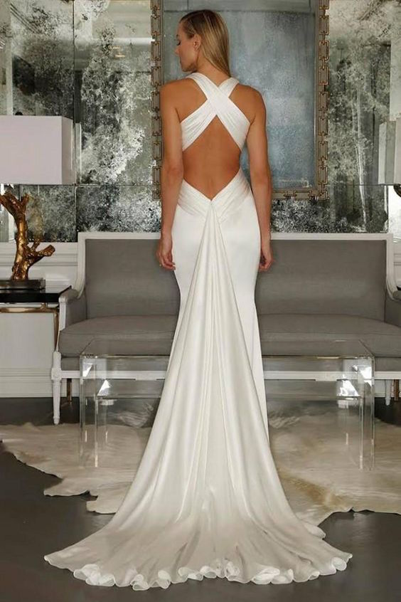 Sexy wedding dresses: backless with criss cross straps, pleated trumpet skirt by Gardeniadh. Perfect for a beach wedding.