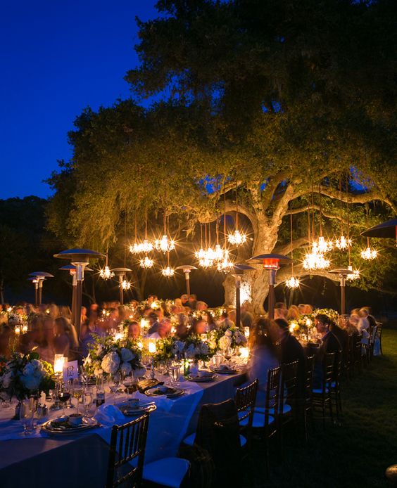 Spectacular enchanted forest wedding idea with chandeliers hanging from the big old tree. Ryan Phillips Photography.