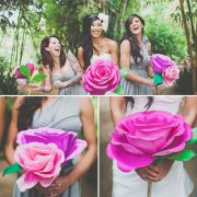 If you cannot part with the idea of a flowers but still want to save some money, check out this impossibly fun wedding idea. Bright pink paper flower bouquets.