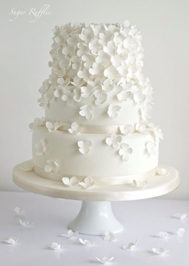 Another one of the latest wedding cake trends are rosettes, sugar flowers and dragees. Delicate white on white wedding cake with textured white petals, and yes, they are edible!