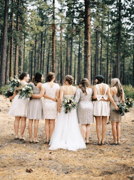 Mix-and-match your bridesmaid dresses by bringing them together with a neutral palette. Love these short dresses in different styles!